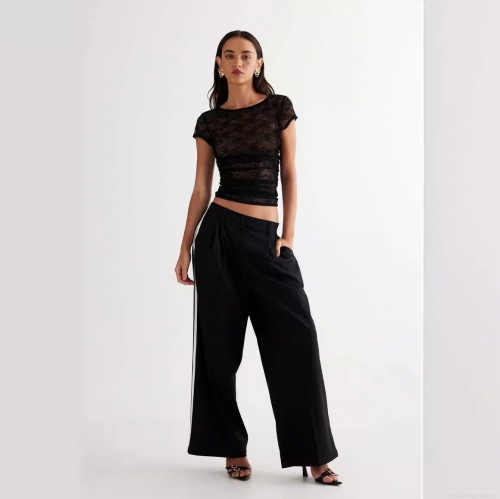 Women Sexy Black Lace Short Sleeve Crop Top Round Neck See Through Hollow Out Backless Top For Summer Party Club Hot Girl Streetwear