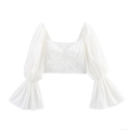 Women's French Retro Square Neck Flare Sleeve Crop Top Elegant White Jacquard Embroidery Puff Sleeve Blouse Sexy Short Long Sleeve Top For Ladies