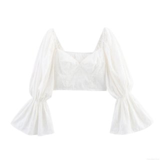 Women's French Retro Square Neck Flare Sleeve Crop Top Elegant White Jacquard Embroidery Puff Sleeve Blouse Sexy Short Long Sleeve Top For Ladies