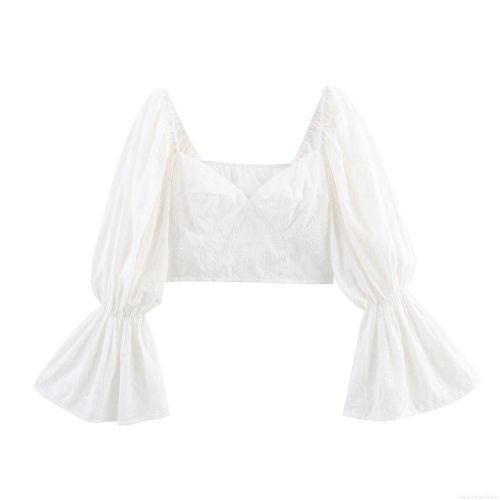 Women's French Retro Square Neck Flare Sleeve Crop Top Elegant White Jacquard Embroidery Puff Sleeve Blouse Sexy Short Long Sleeve Top For Ladies