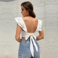 Women's Sweet White Square Neck Ruffle Sleeve Backless Tie-Up Cotton Crop Top Sleeveless Casual Summer Tank Top Streetwear Fashion Tee