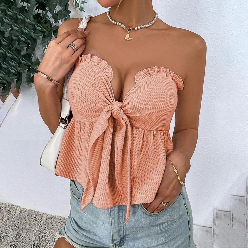 Sexy Pink Orange Waffle Knit Tube Top For Women Sweet Bow Tie Front Ruffle Trim Strapless Crop Top Summer Casual Sleeveless Slim Fit Backless Camisole