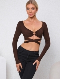 Women's Sexy Hollow Out Slim Fit Crop Top Long Sleeve Ribbed Knit Top With Metal Ring And Crossover Waist Straps Party Clubwear Streetwear