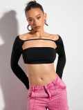 Women's Sexy Black Cut Out Crop Top Long Sleeve Hollow Out Slim Fit Polyester T-Shirt Mock Neck Hollow Tee For Clubwear Party Fall Winter