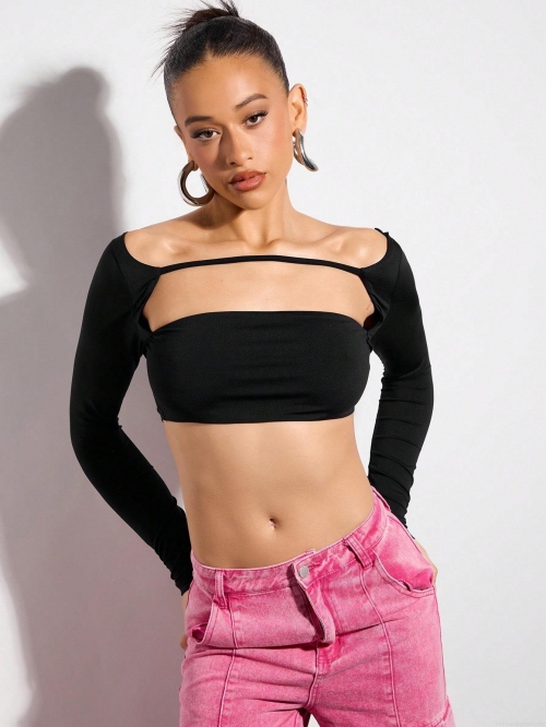 Women's Sexy Black Cut Out Crop Top Long Sleeve Hollow Out Slim Fit Polyester T-Shirt Mock Neck Hollow Tee For Clubwear Party Fall Winter