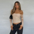Women's Sexy Off Shoulder Mesh Ruched Long Sleeve Top Apricot Solid Color Slim Fit Polyester Spandex Patchwork Crop Blouse For Summer Party Dating Streetwear