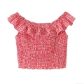 Women's Sexy Red White Plaid Smocked Crop Top Off Shoulder Ruffle Hem Elastic Gingham Tube Top Summer Beach Streetwear Casual Sexy Slim Fit Blouse