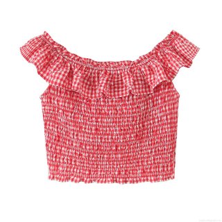 Women's Sexy Red White Plaid Smocked Crop Top Off Shoulder Ruffle Hem Elastic Gingham Tube Top Summer Beach Streetwear Casual Sexy Slim Fit Blouse