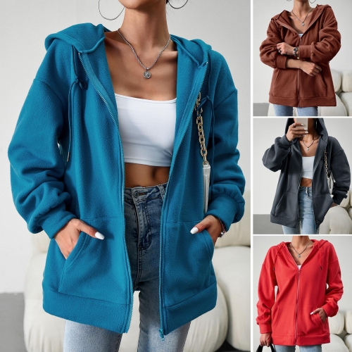 Women's Zip Up Fleece Hoodie Jacket Solid Color Loose Fit Casual Long Sleeve Warm Hooded Sweatshirt Outerwear With Pockets For Women