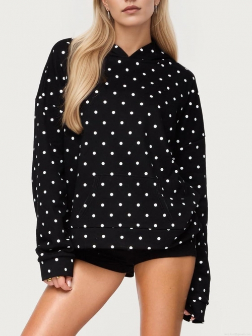 Women's Oversized Polka Dot Print Hoodie Casual Long Sleeve Drawstring Sweatshirt With Kangaroo Pocket Autumn Winter Loose Tops For Streetwear