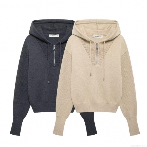 Women's Casual Knitted Hoodie Sweatshirt Half Zipper Drawstring Pullover Long Sleeve Ribbed Cuffs Loose Fit Solid Color Knitted Sweater Top For Autumn Winter