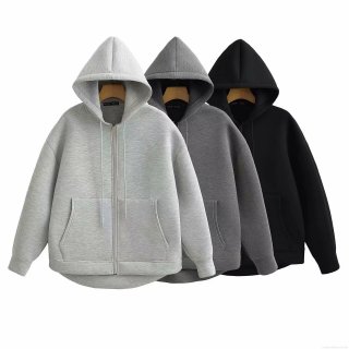 Women Streetwear Asymmetric Hem Hooded Sweatshirt Cotton Polyester Air Layer Zip-up Cardigan Casual Loose Hoodie Jacket With Pocket For Spring Fall