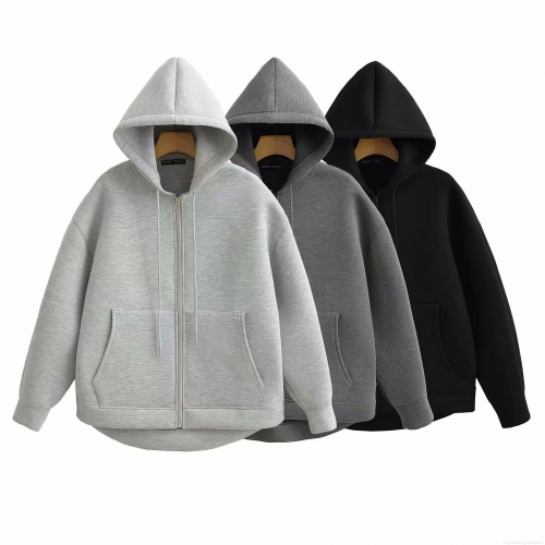 Women Streetwear Asymmetric Hem Hooded Sweatshirt Cotton Polyester Air Layer Zip-up Cardigan Casual Loose Hoodie Jacket With Pocket For Spring Fall