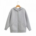 Women's Autumn Fashion Mid-Length Space Cotton Hoodie Oversized Zip-Up Hooded Sweatshirt With Pockets Casual Solid Gray Streetwear Jacket
