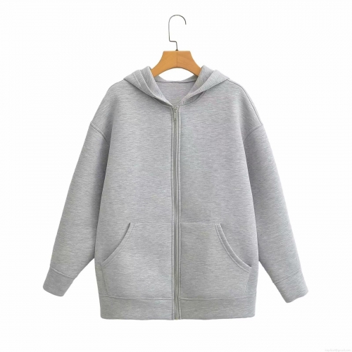 Women's Autumn Fashion Mid-Length Space Cotton Hoodie Oversized Zip-Up Hooded Sweatshirt With Pockets Casual Solid Gray Streetwear Jacket