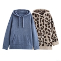 Women's Fashion Leopard Animal Print Hooded Sweatshirt Loose Knit Polyester Long Sleeve Hoodie With Kangaroo Pocket Casual Streetwear Pullover Winter Top