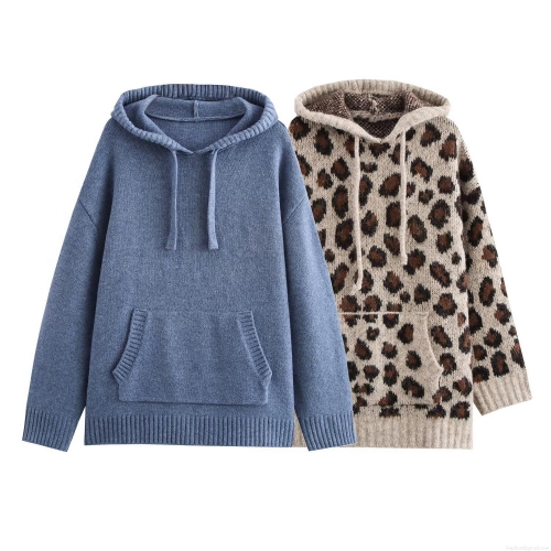 Women's Fashion Leopard Animal Print Hooded Sweatshirt Loose Knit Polyester Long Sleeve Hoodie With Kangaroo Pocket Casual Streetwear Pullover Winter Top