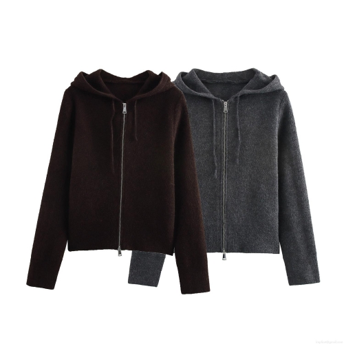 Women's Fashion Knitted Zip-up Hoodie Short Solid Color Long Sleeve Polyester Sweatshirt For Casual Streetwear Western Style Autumn Winter Cardigan