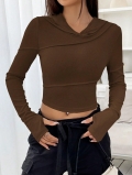 Women's Ribbed Knit Hooded Sweatshirt V-Neck Slim Fit Long Sleeve Crop Top Polyester Spandex Pullover Trendy Streetwear Fall Clothing