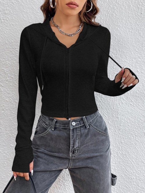 Women's Hooded Zip-Up Knit Top Viscose Polyester Elastane Ribbed Slim Fit Short Cardigan Streetwear Long Sleeve Fall T-Shirt For Women