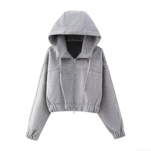 Women's Casual Solid Color Zip Up Hooded Sweatshirt Autumn Fleece Crop Jacket With Drawstring Long Sleeve Outerwear Top Streetwear