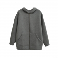 Women's Casual Deep Grey Zip Up Hoodie Loose Fit Long Sleeve Sweatshirt For Daily Streetwear European Style Solid Color Comfortable Outerwear