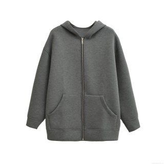 Women's Casual Deep Grey Zip Up Hoodie Loose Fit Long Sleeve Sweatshirt For Daily Streetwear European Style Solid Color Comfortable Outerwear