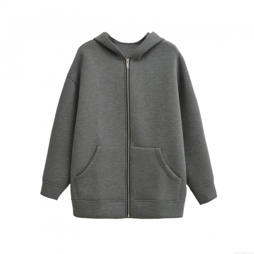 Women's Casual Deep Grey Zip Up Hoodie Loose Fit Long Sleeve Sweatshirt For Daily Streetwear European Style Solid Color Comfortable Outerwear