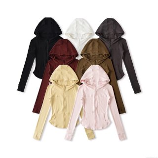 Women's Slim Fit Hooded Zipper Jacket Polyester Long Sleeve Sports Sweatshirt With Thumbholes Solid Color Autumn Outerwear For Yoga Running Workout