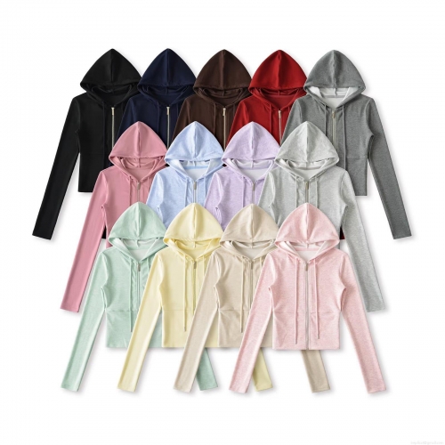 Women's Cropped Zip Up Hoodie Long Sleeve Polyester Solid Color Hooded Sweatshirt With Pockets Slim Fit Streetwear Autumn Winter Jacket Outwear