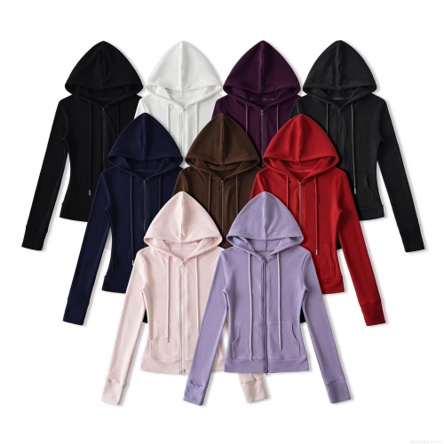 Women's Slim Fit Zip Up Hoodie Solid Color Long Sleeve Sweatshirt Jacket With Pockets And Drawstring Hood Casual Sporty Polyester Fleece Outwear For Autumn Winter