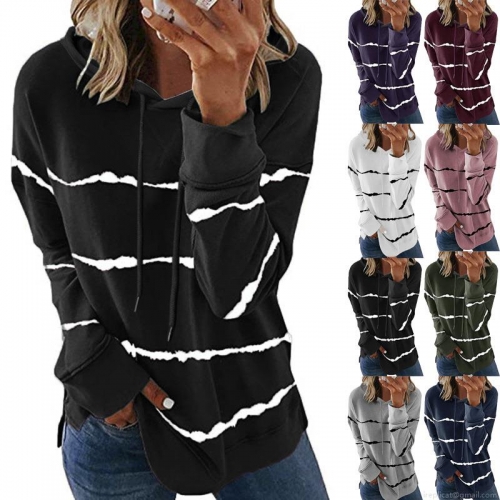 Women's Casual Stripe Print Hooded Sweatshirt Cotton Blend Loose Fit Long Sleeve Hoodie Pullover Top With Side Slit For Autumn Winter Streetwear