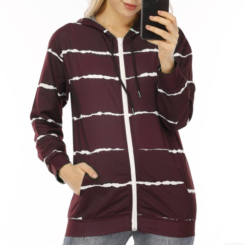 Women's Casual Stripe Print Zip-up Hoodie Sweatshirt Loose Long Sleeve Hooded Jacket Coat For Autumn Winter Daily Wear