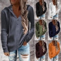Women's Long Sleeve Hooded Sweatshirt Ribbed Knit Pullover Solid Color Casual Loose Top With Buttons Henley Neck For Autumn Winter