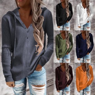 Women's Long Sleeve Hooded Sweatshirt Ribbed Knit Pullover Solid Color Casual Loose Top With Buttons Henley Neck For Autumn Winter