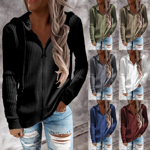 Women's Zip Up Hoodie Sweater Casual Ribbed Knit Cardigan Long Sleeve Drawstring Hood Loose Fit Cotton Blend Jacket For Autumn Winter Daily Wear