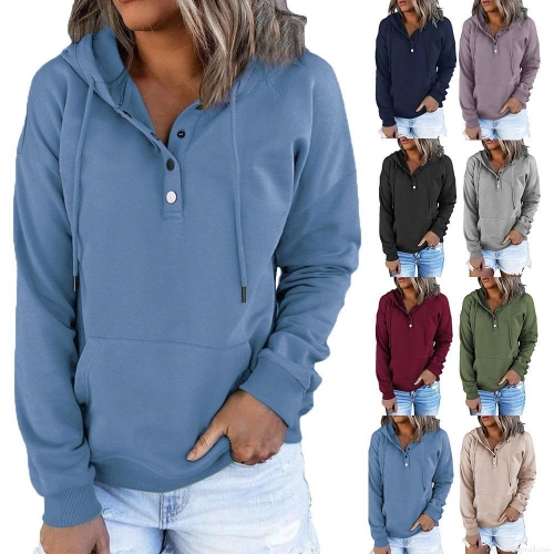 Women's Casual Hooded Sweatshirt Cotton Blend Long Sleeve Button V Neck Drawstring Pullover Hoodie with Pocket Solid Color Fall Tops for Women