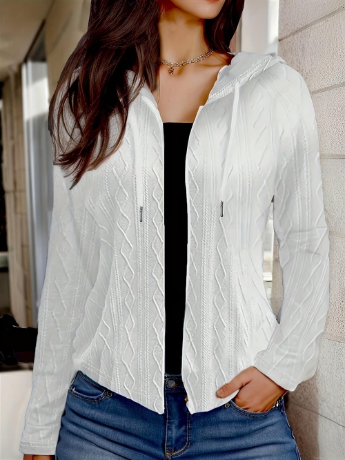 Women's Casual Hooded Jacket Cable Knit Long Sleeve Zip Up Drawstring Solid Color Sweatshirt Coat For Autumn Winter Fashion Outerwear