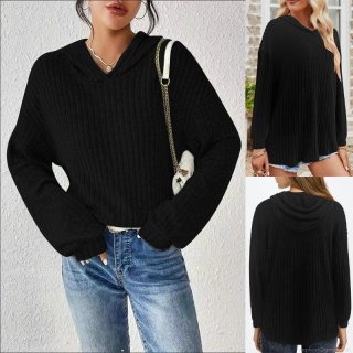 Women's Loose Hooded Hoodie Ribbed Knit Long Sleeve Solid Color Pullover Casual Sweatshirt For Autumn Winter Daily Wear