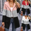 Women's Casual Color Block Hooded Zip-up Cardigan Jacket Loose Mid-length Polyester Spandex Outerwear For Autumn Winter