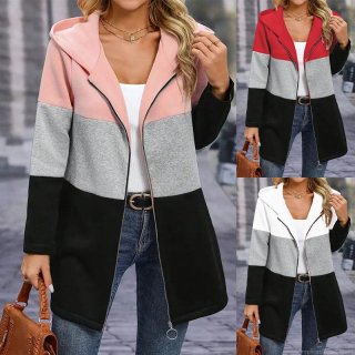 Women's Casual Color Block Hooded Zip-up Cardigan Jacket Loose Mid-length Polyester Spandex Outerwear For Autumn Winter