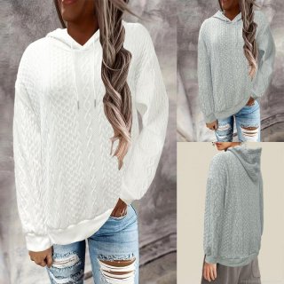 Women's Casual Cable Knit Pullover Hoodie Long Sleeve Oversized Polyester Blend Sweatshirt With Drawstring Hood For Autumn Winter