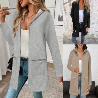 Women's Casual Zip-Up Hoodie Jacket Polyester Spandex Blend Knitted Fabric Long Sleeve Hooded Sweatshirt Solid Color Slim Fit Outwear With Zipper Pockets For Autumn Winter