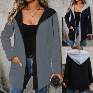 Plus Size Women Hooded Cardigan Jacket Color Block Open Front Polyester Spandex Blend Loose Fit Long Sleeve Outerwear For Casual Daily Autumn Winter