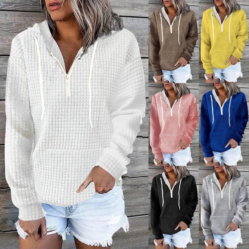 Women's Waffle Knit Hoodie Sweatshirt Polyester Zip Up Long Sleeve Loungewear Casual Solid Color Hooded Jacket With Pocket For Ladies Autumn Winter