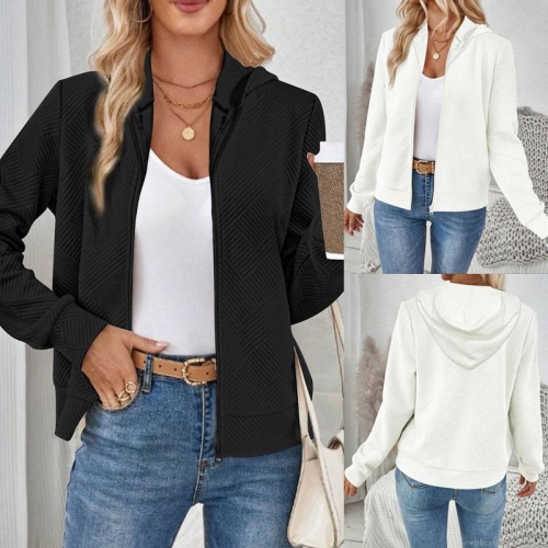 Women's Plus Size Zip-up Hoodie Diamond Jacquard Pattern Long Sleeve Sweatshirt Jacket Casual Hooded Outerwear Solid Color Plus Size Top For Women Autumn Winter