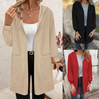 Women's Solid Color Hooded Cardigan Coat Dralon Velvet Long Sleeve Open Front Hoodie Jacket with Pockets Casual Autumn Winter Warm Outerwear Ladies
