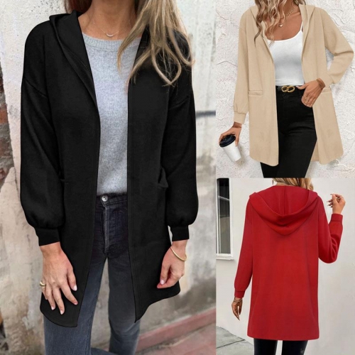Women's Plus Size Hooded Cardigan Thermal Dralon Fleece Mid-Length Sweatshirt Open Front Casual Jacket With Pockets Warm Autumn Winter Top