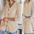 Women Hooded Rib-Knit Cardigan Jacket Spandex Blend Solid Color Button Front Long Sleeve Top Casual Daily Fashion Autumn Winter Ribbed Hoodie Outerwear