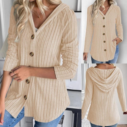 Women Hooded Rib-Knit Cardigan Jacket Spandex Blend Solid Color Button Front Long Sleeve Top Casual Daily Fashion Autumn Winter Ribbed Hoodie Outerwear